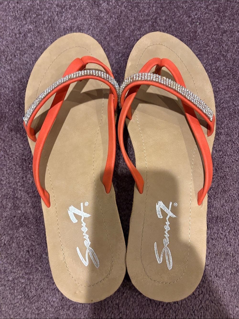 Seven7 Orange Rhinestone Toe-Post Sandals